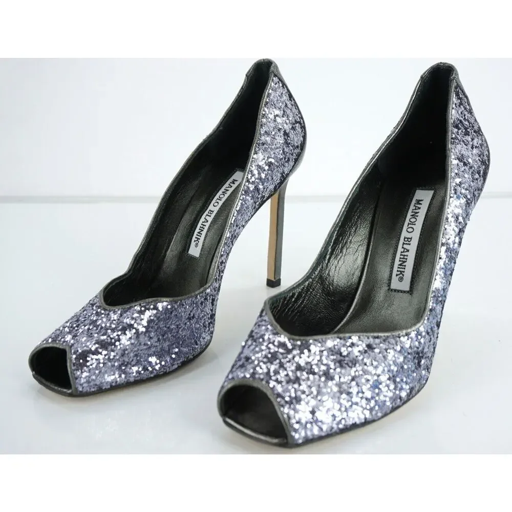 Manolo Blahnik Glitter Fatducabo Peep Toe Heels Pumps Size 37.5